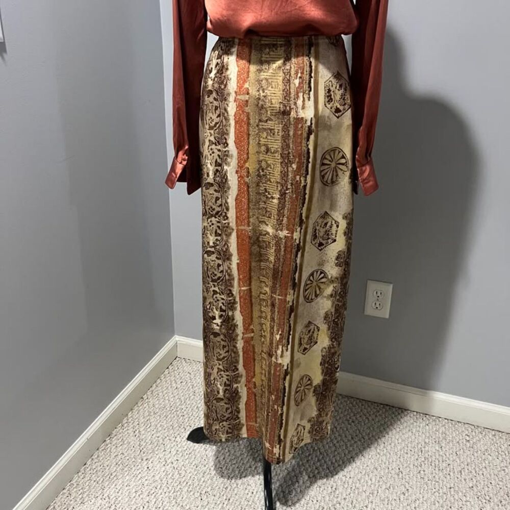 Vintage Y2K "Aqua Blues" Tan Orange Brown Slit-Sides Maxi Skirt - Medium